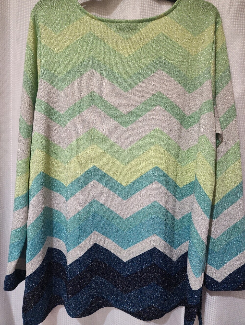 Susan Graver XL QVC Lurex Lightweight Stretch Knit Sweater Chevron Green Jade - Picture 7 of 9